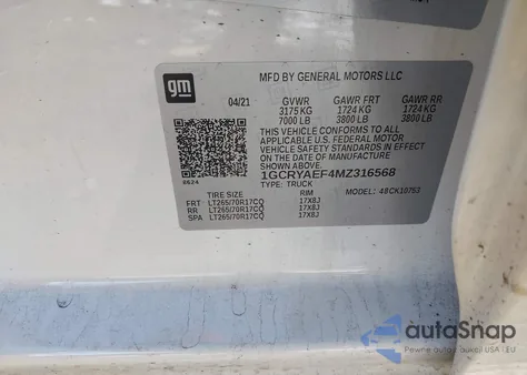 2021 Chevrolet Silverado 1500 4Wd Standard Bed Wt из США, поврежденный, VIN 1GCRYAEF4MZ316568